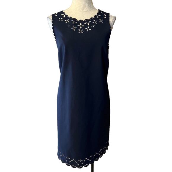 J Crew Factory Laser Cut Eyelet Scalloped Shift Dress Sz 14 Navy Wedding Guest - Picture 1 of 7
